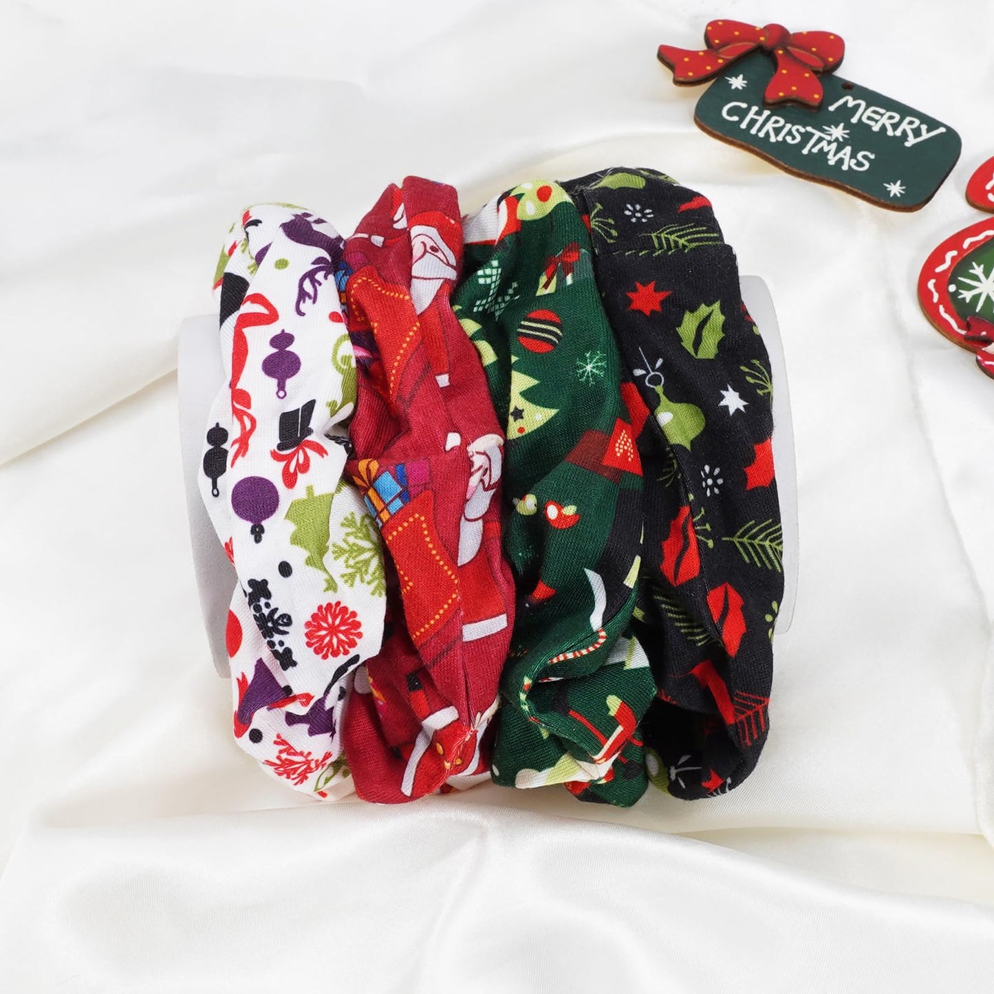 Jocbean Christmas Hair Scrunchies with Santa Claus Snowman Elk Christmas Tree Snowflake Elastic Hair Ties