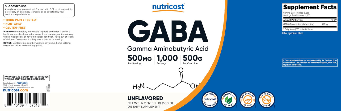 Nutricost Pure GABA 500G Powder (Gamma Aminobutyric Acid) (500 Grams/1.1 pounds)