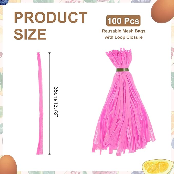 uxcell 100Pcs Reusable Produce Mesh Bags, 35cm Mesh Nylon Netting with Loop-Style Closures, Stretchable Egg Hatching Bags for Fruit Vegetable Storage, Pink