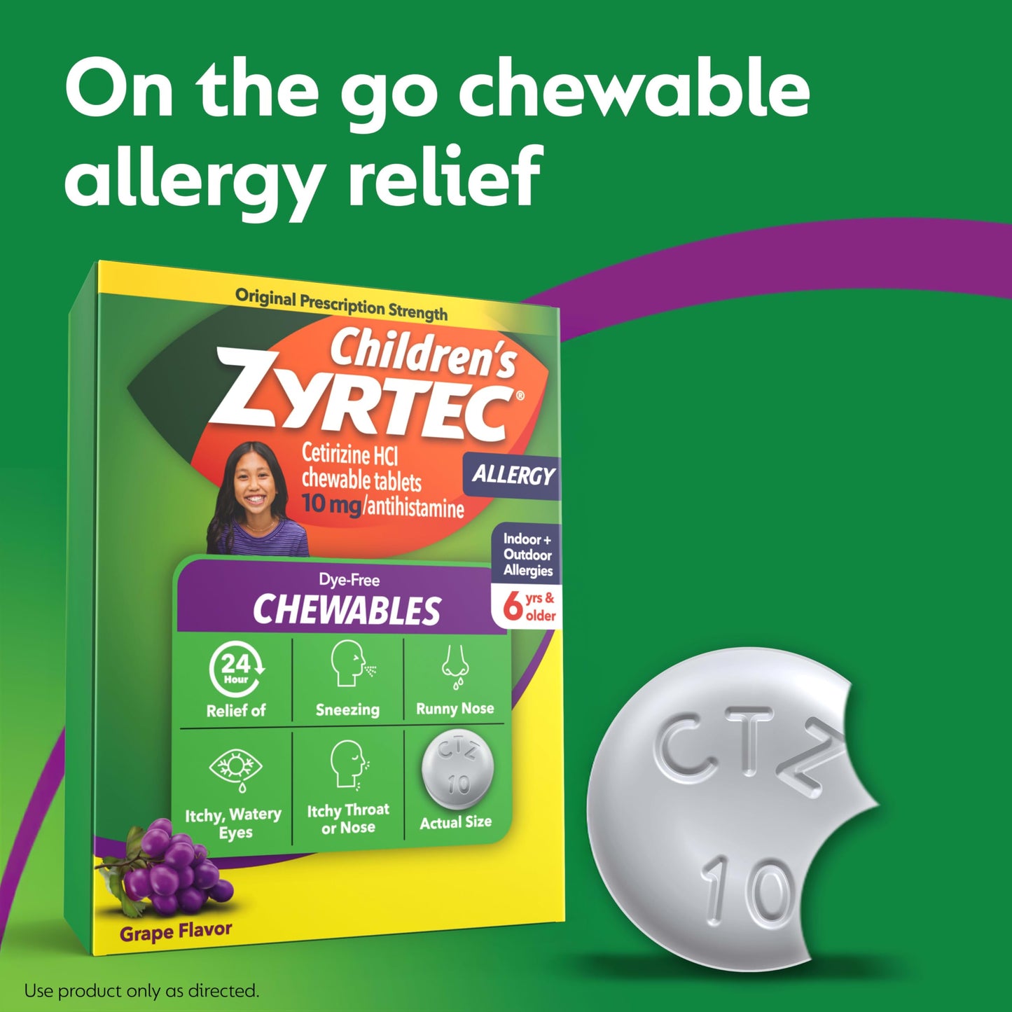 Zyrtec Children's Dye-Free Chewables for 24 Hour Allergy Relief, 10 mg Cetirizine Hydrochloride Antihistamine Tablets, Kids Allergy Medicine Relieves Sneezing & Itchy Throat, Grape, 48 ct