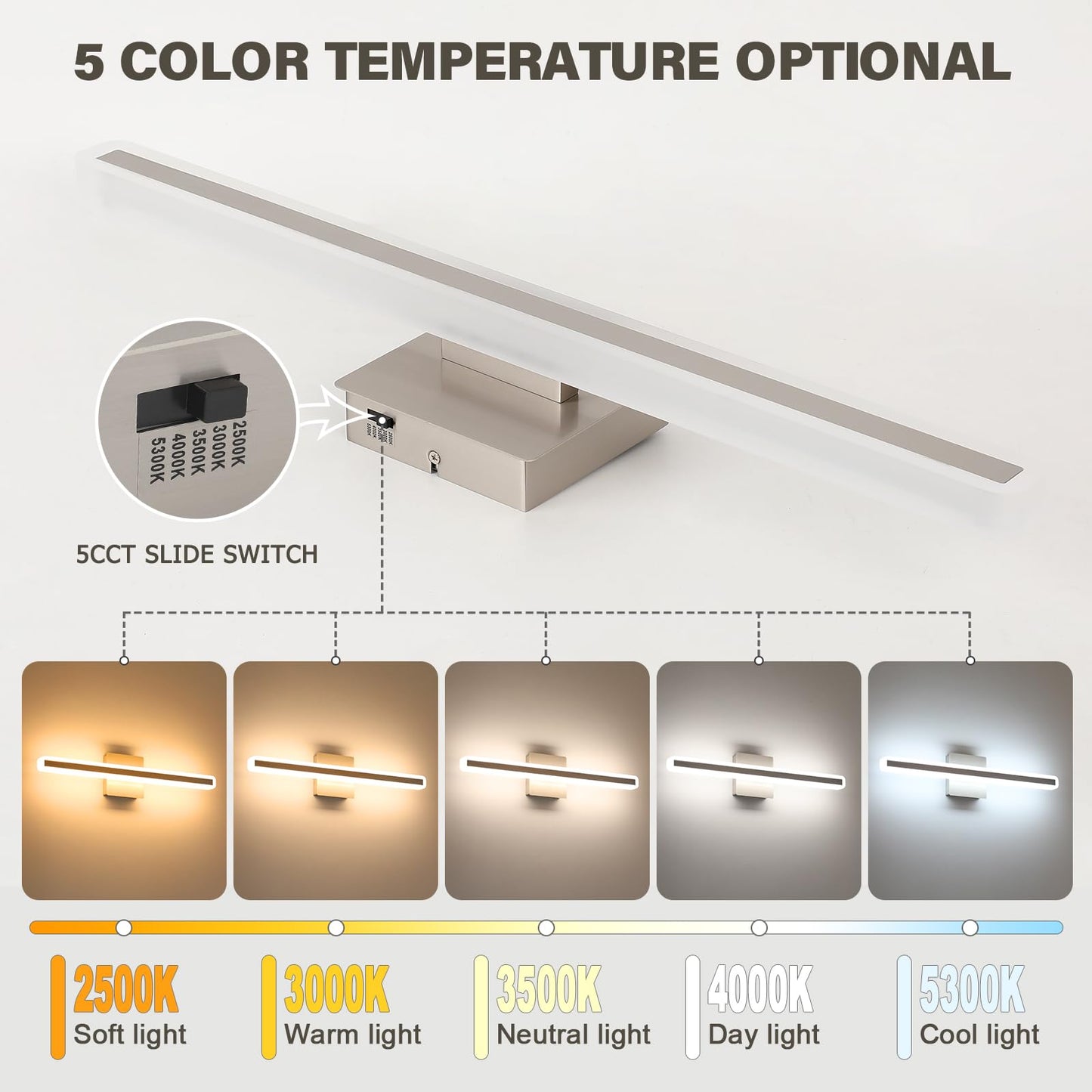 Jusheng Brushed Nickel Vanity Lights For Bathroom  5Cct Dimmable Vanity Light Bar  Modern Led Bathroom Lighting Fixtures Above Mirror 24 Inch 20W