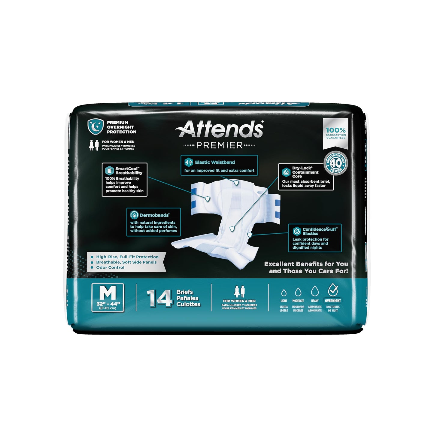 Attends Premier SmartCool® Adult Briefs, Medium 32–44" Waist, High-Rise Tab Closure, Premium Overnight Dry-Lock Protection, Breathable Materials, Odor Control, 56 ct Case