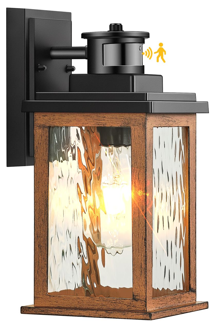 Vianis Motion Sensor Outdoor Lights, Waterproof Wall Mount Lantern, Wood Grain, Model V81011Gr, Dusk To Dawn Sconce For Entryway