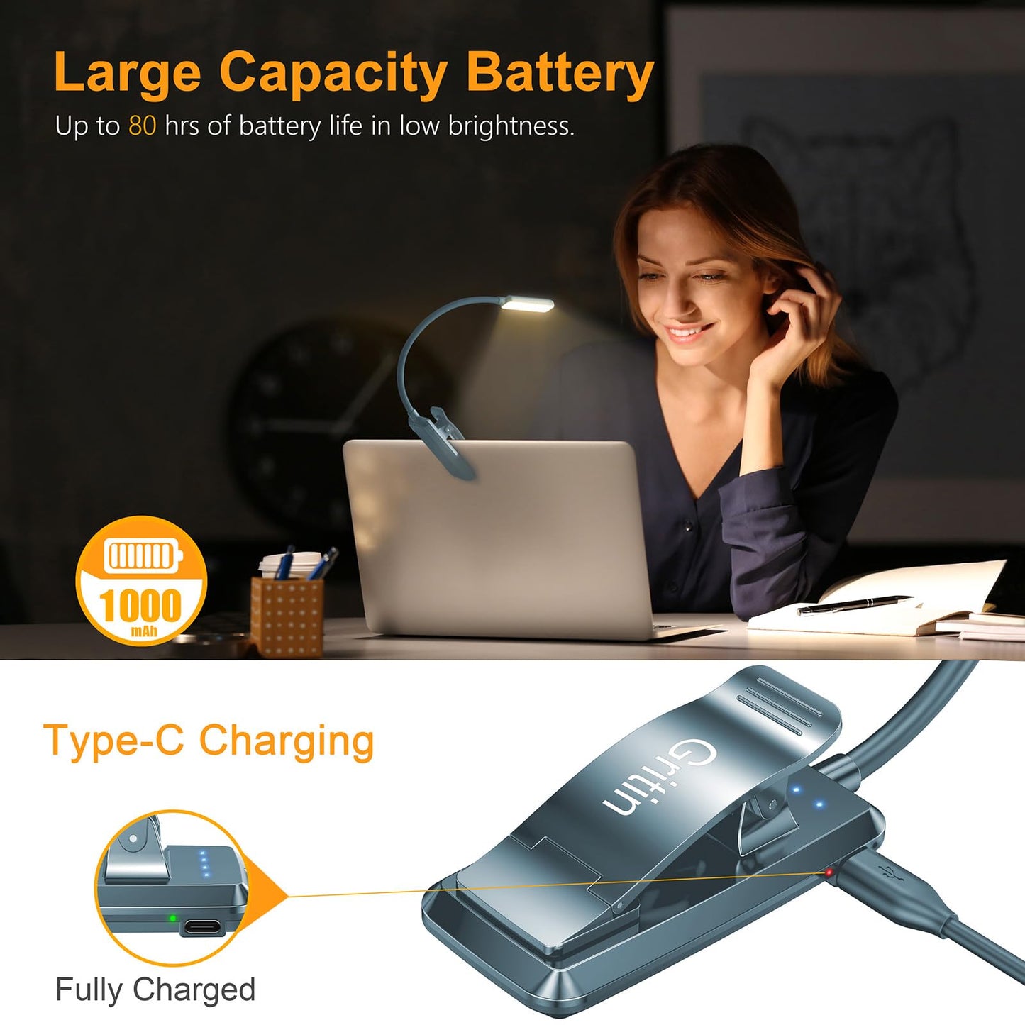 Gritin Rechargeable Book Light - 9 LED, Eye-Caring, 3 Color Temperatures, Stepless Dimming, Pacific Blue, Model G1330