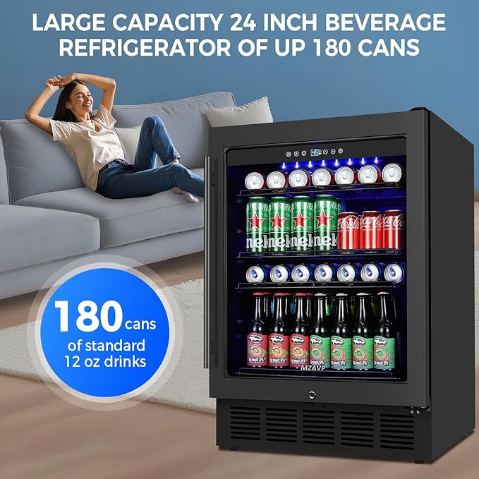 24 Inch Wide Beverage Refrigerator, Under Counter Beverage Cooler with Glass Door, 180 Cans Drink Fridge Built-in/Freestanding Beer Fridge with Powerful Cooling for Home/Kitchen, Black