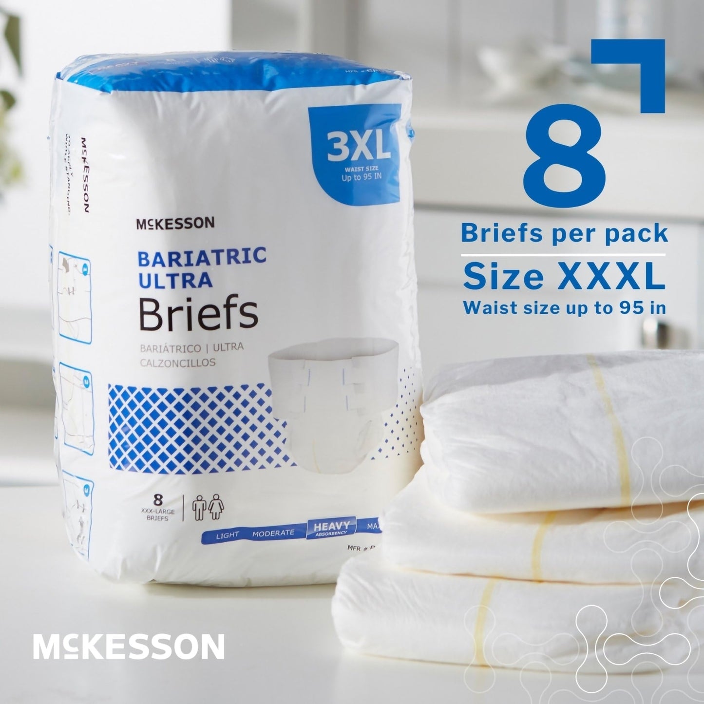 McKesson Ultra Briefs, [8 Count], 3XL, Up to 95 in. Incontinence Adult Diapers with Tabs, Heavy Absorbency, Unisex, Disposable, Elastic Leg Gathers and Contoured Fit for Men and Women