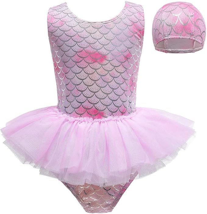 HIHCBF Toddler Girls One Piece Swimsuit Rainbow Bathing Suits Ruffle Tutu Swimwear with Cap Mermaid Fishscale Beachwear
