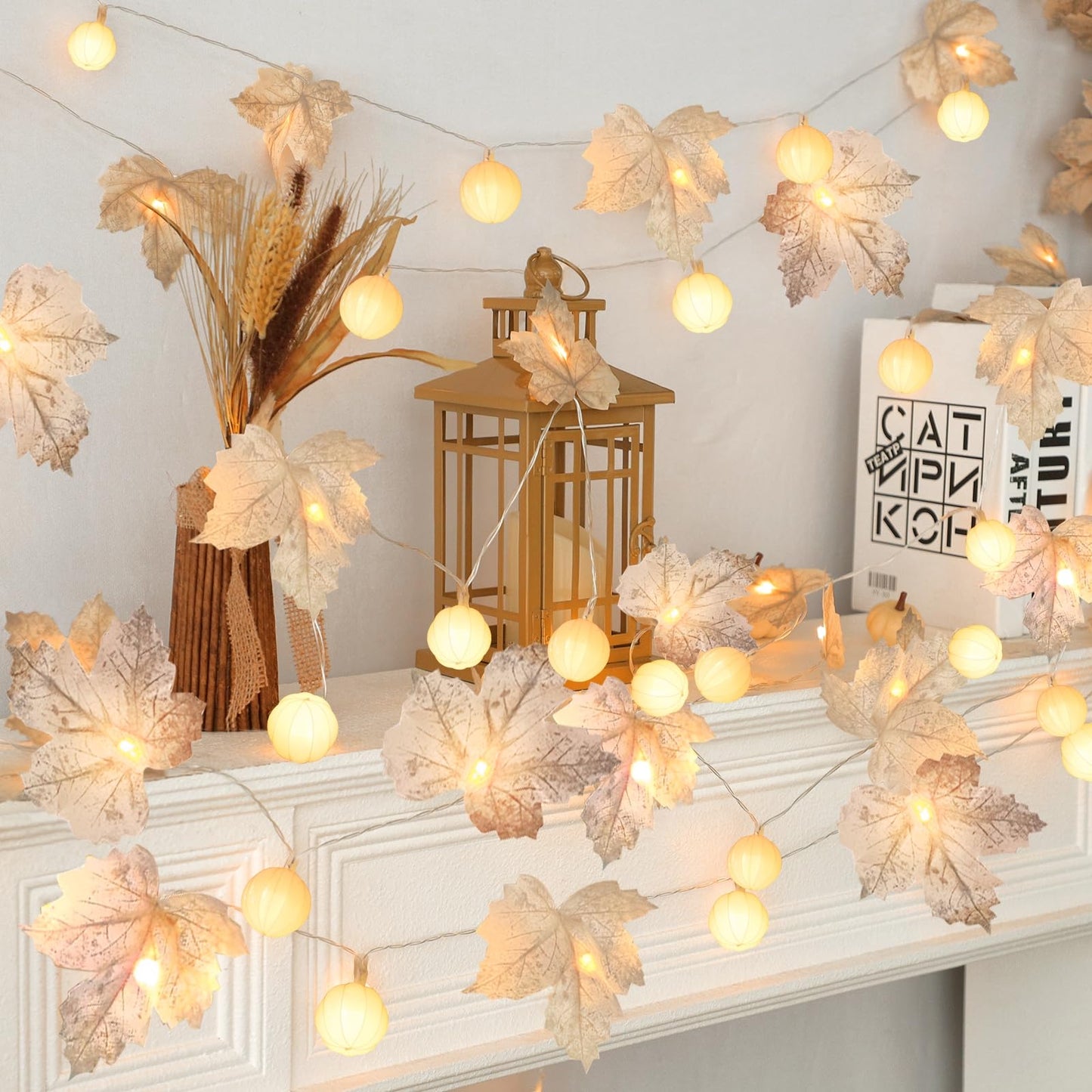 Thanksgiving Decorations-3 Pack 60Led Pumpkin Lights Fall Garland With 3D Pumpkin Enlarged Maples Leaf Battery Operated Pumpkin Thanksgiving Decor Autumn Fall Decor For Home Indoor Outdoor Holiday