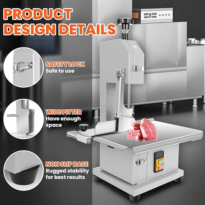 Commercial Bandsaw Machine, 1500W Electric Bone Saw Machine, 19x14" Stainless Steel Worktable, Cuts 0.04-5.0" Thickness, Frozen Meat Cutter with 8 Blades Included, for Rib Pork Beef