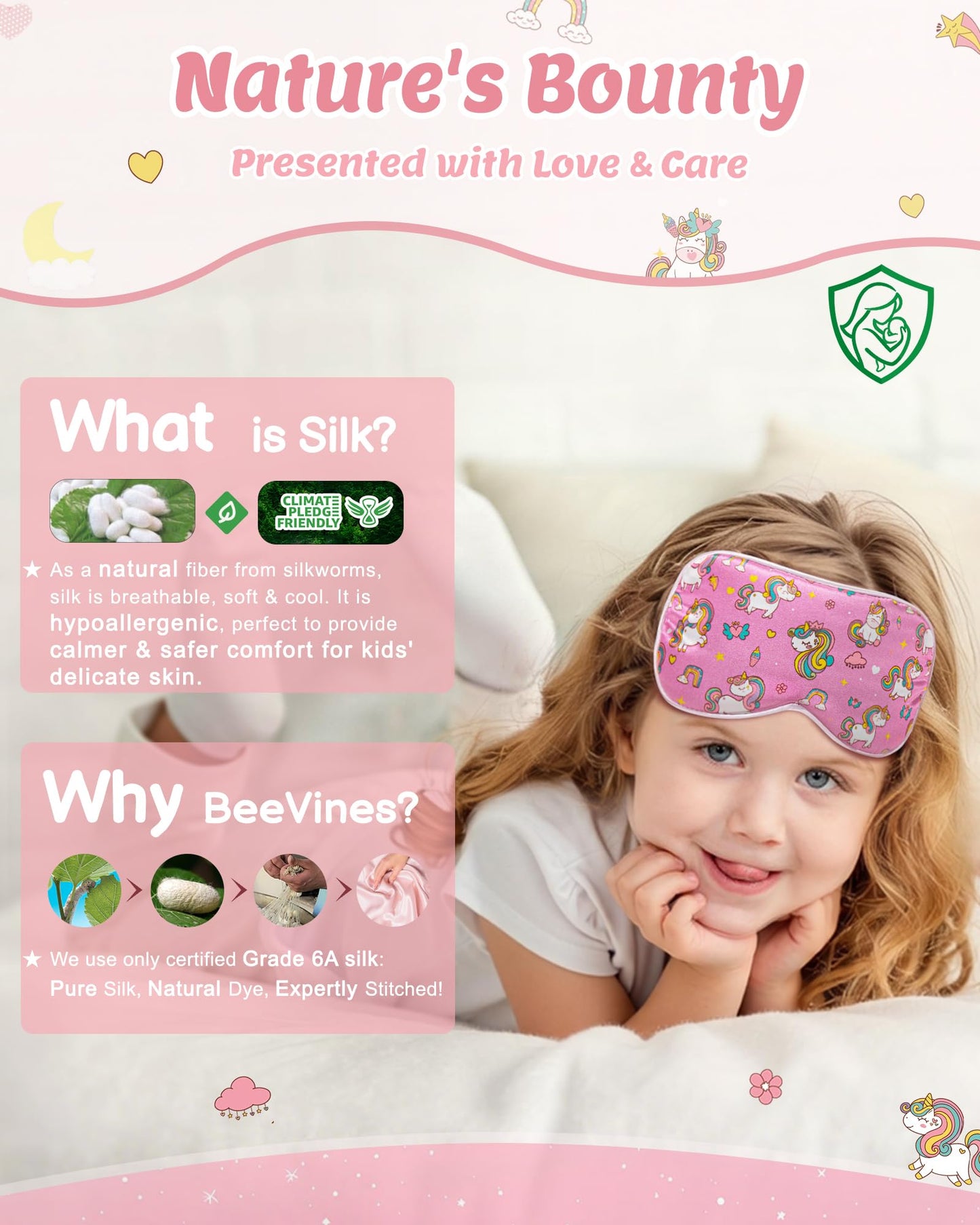 BeeVines Kids 100% Real Mulberry Silk Sleep Mask 2 Pack, Original Design Pure Silk Sleeping Eye Masks for Girls, Skin-friendly Blackout Eye Cover, Adjustable Strap, Reduce Puffy Eyes, for Travel Gifts