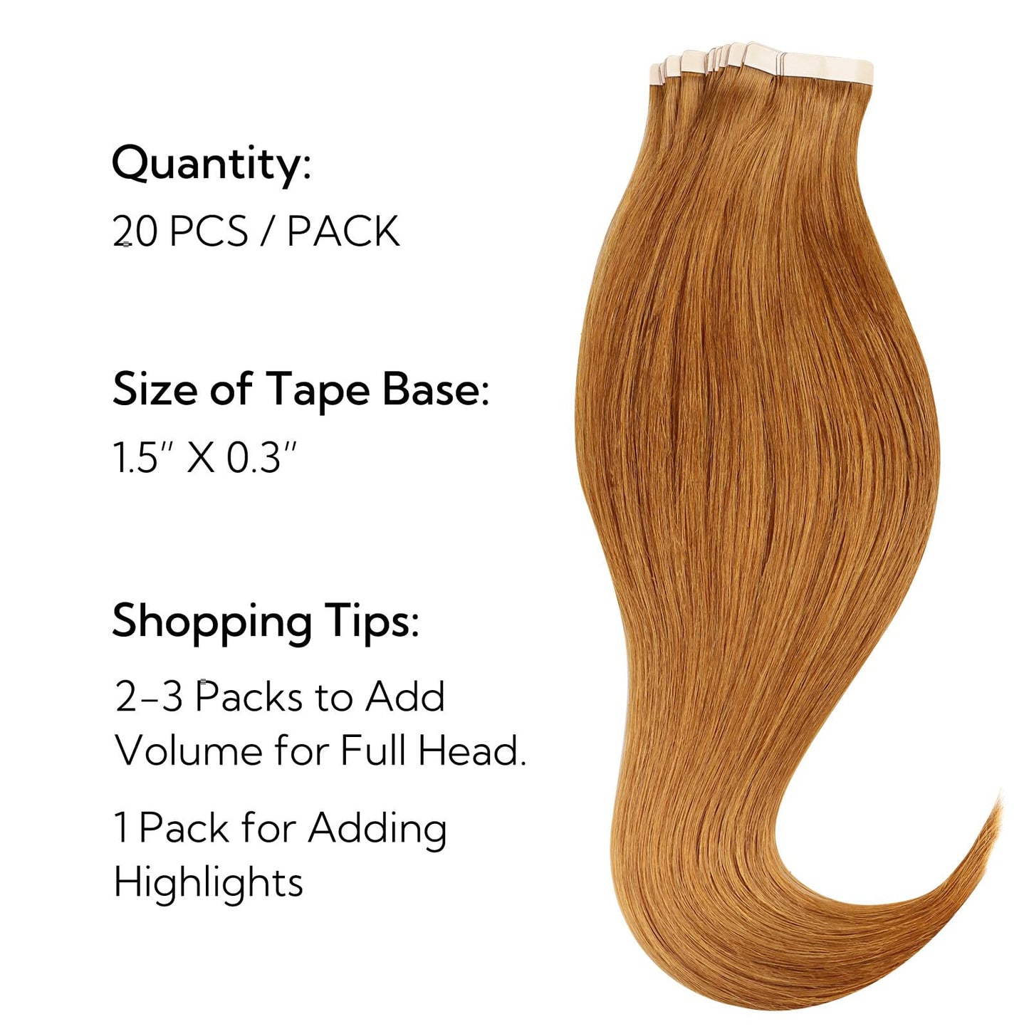 HOTBANANA Tape in Hair Extensions, 18 Inch 20pcs 50g Auburn Ginger Straight Remy Human Hair Tape Extensions