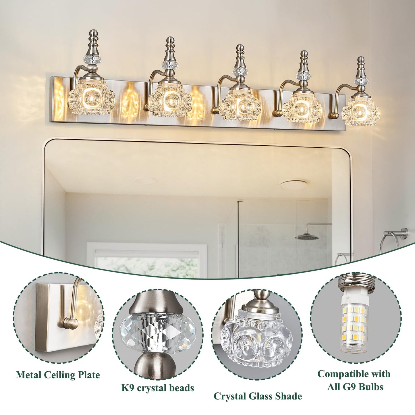 Lbsqj Modern Glass Crystal Vanity Light - Vintage Bathroom Lighting Fixtures Over Mirror  5 Light Vanity Lights G9 Bulb (35.43 Inch  Nickel)