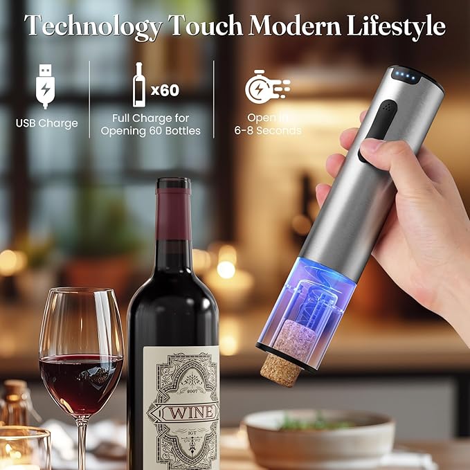 HomeHacks Electric Wine Opener, Automatic Wine Opener with Foil Cutter, Vacuum Stopper, Pourer, Rechargeable Wine Bottle Opener - Party Favor, Christmas Gift for Wine Lover
