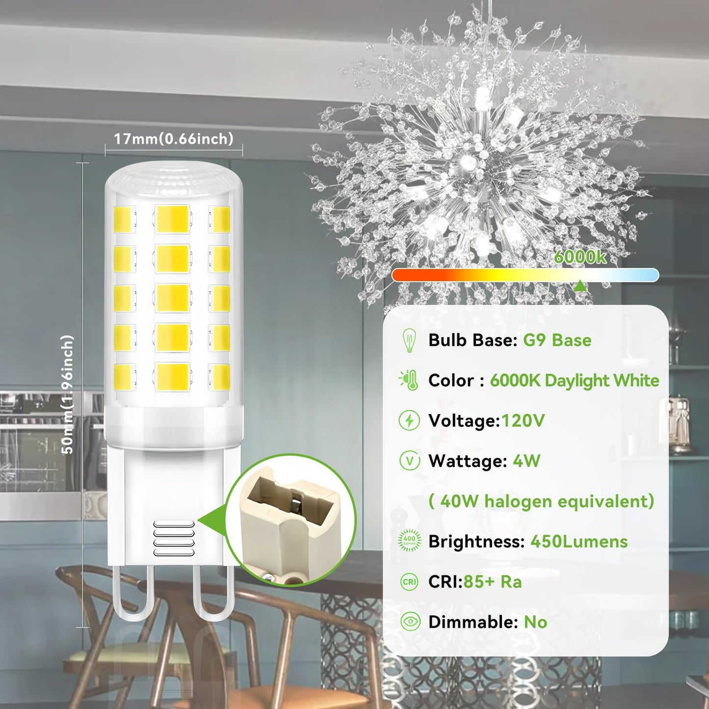 Tjoy 24 Pack G9 Led Bulb 4W  40 Watt Equivalent Halogen  6000K Daylight Chandelier Light Bulbs  T4 G9 Bi-Pin Base For Crystal Chandelier Home Lighting  360 Degree Angle  120V Non-Dimmable