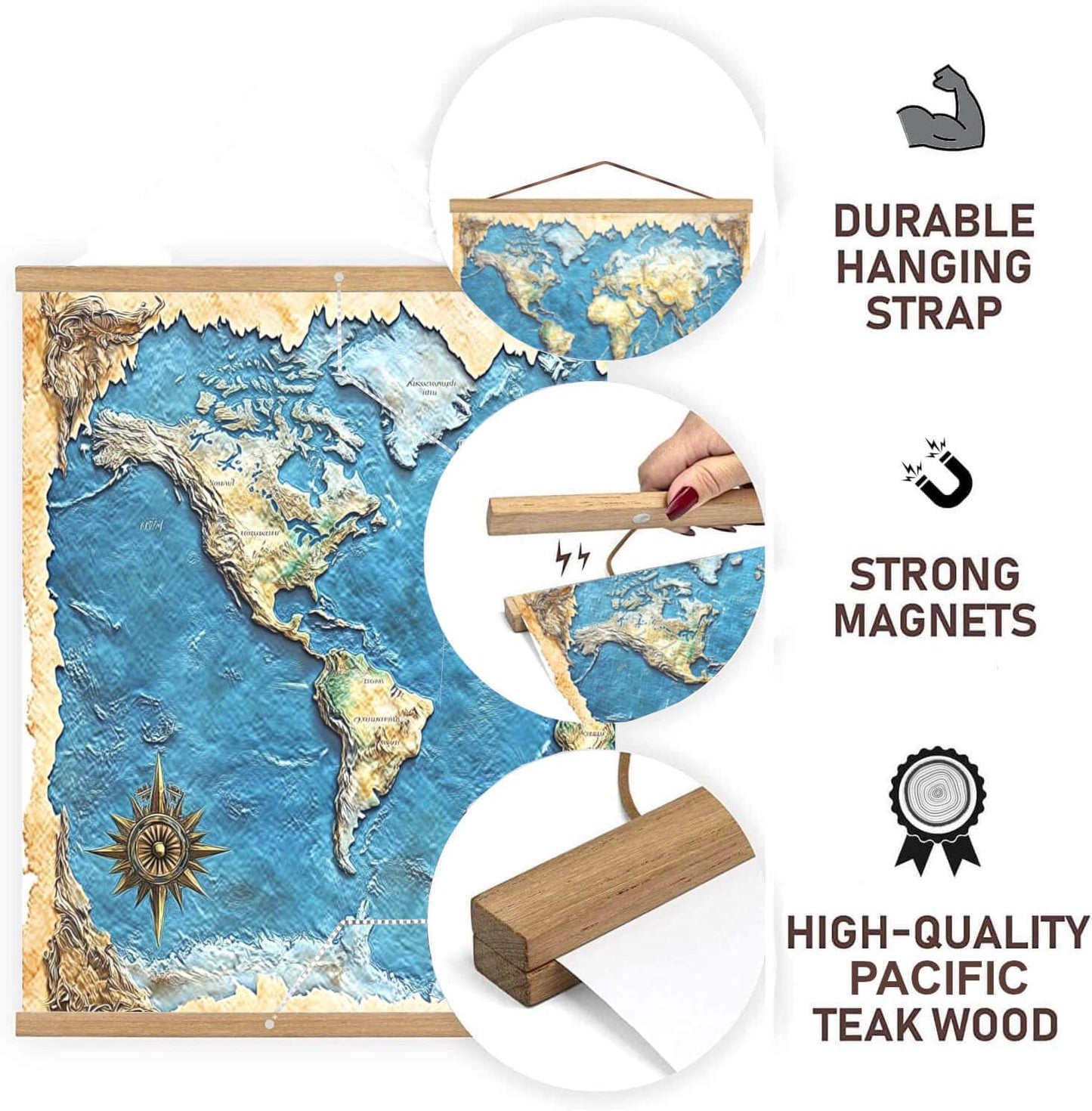 DACRI HOME 44" Magnetic Poster Hanger Frame - Sturdy Teak Wood Poster Frame, Strong Magnets for Safe Hanging Map Picture Print Scroll Wall Art 44x18 44x24 44x34 (44 Inch, Natural Wood)
