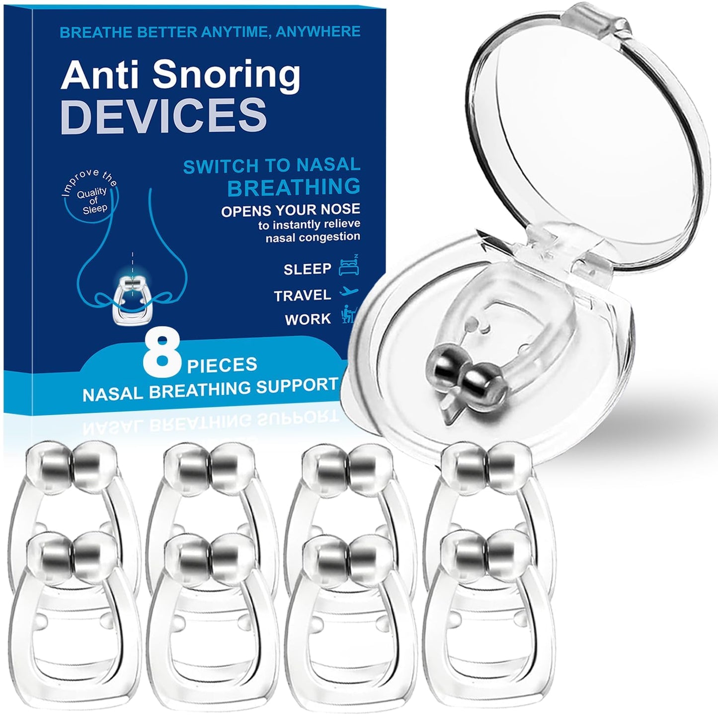 Nasal Dilators for Sleeping,Anti Nose Clip to Ensure Deep Sleep, Snoring Nose Clip Nose Magnet for Breathing Strip, Effective Anti Snoring Devices(8PCS)
