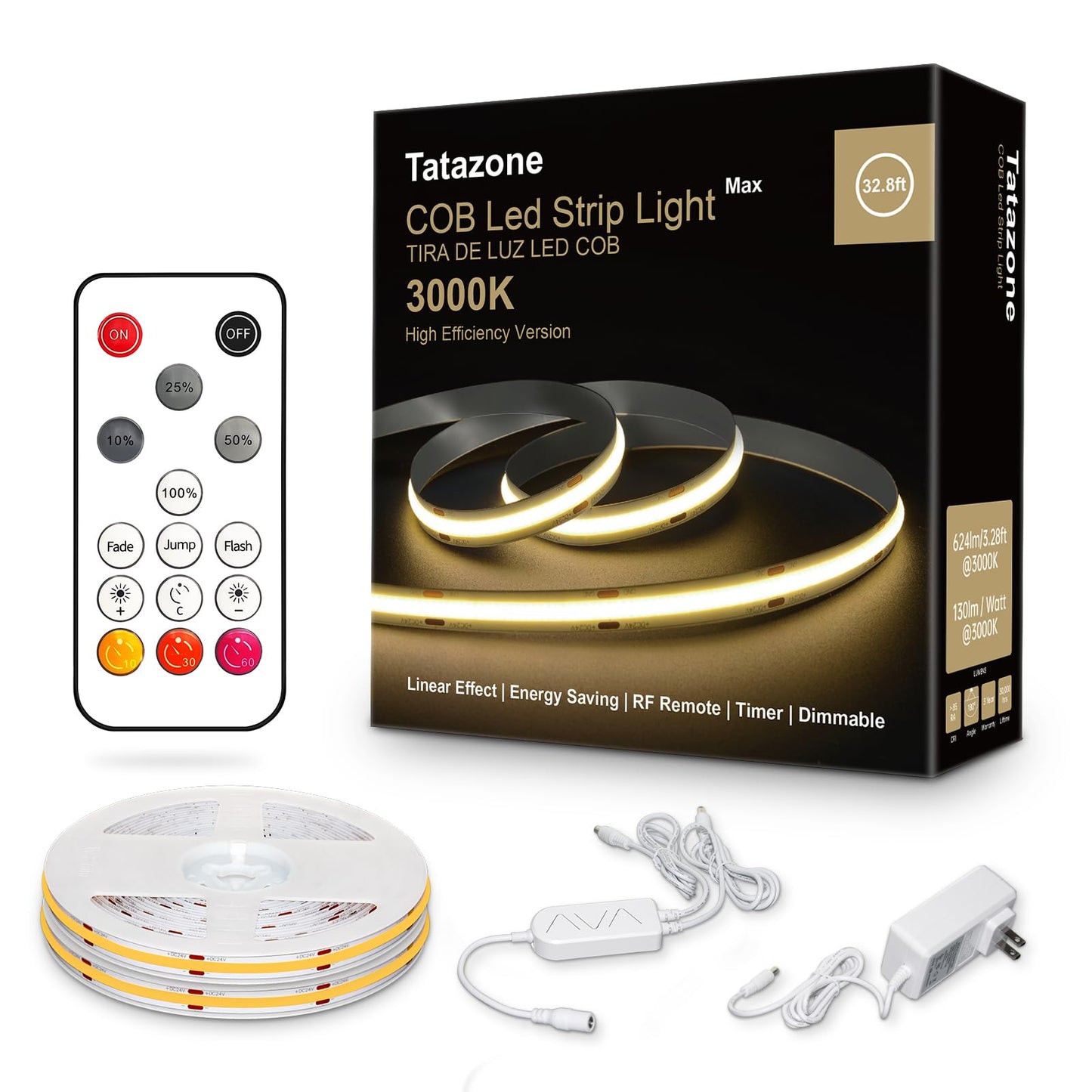 Tatazone COB LED Strip Lights 32.8ft 3000K Warm White Dimmable with RF Remote, Indoor Flexible Adhesive, Model st-ting-l360