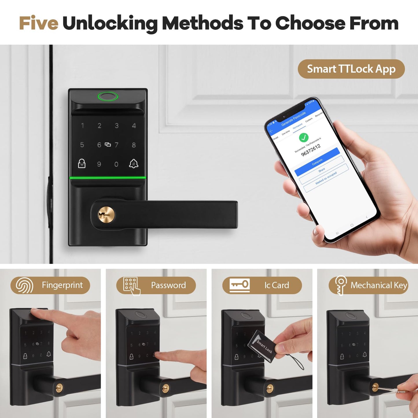 Bamberg Keypad Smart Door Lock with Handle: Keyless Entry Deadbolt - Fingerprint & Keypad Door Lock for Front Door - Key & IC Card Access - Remote Control via APP - Secure Smart Lock