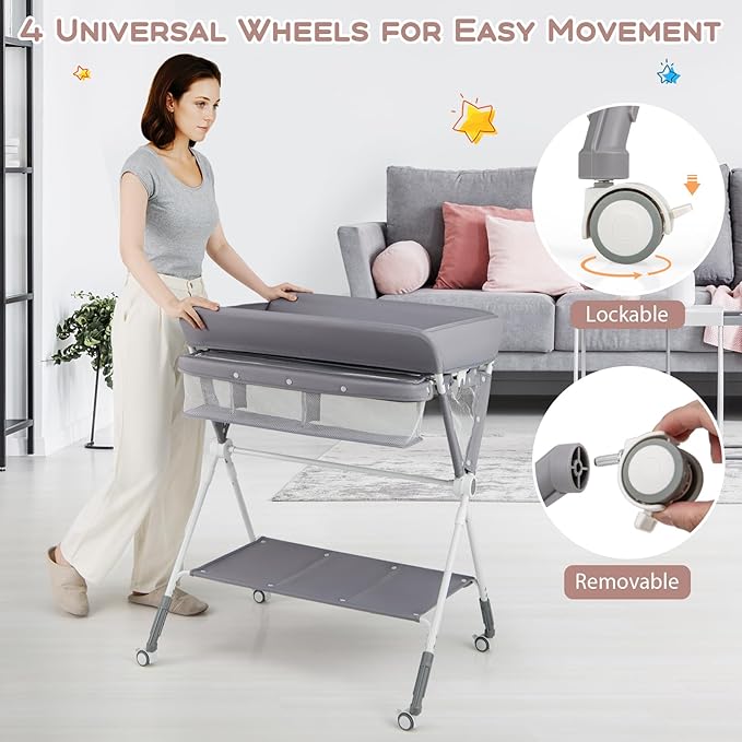 BABY JOY Portable Baby Changing Table, Foldable Diaper Changing Station with Wheels, Adjustable Height, Large Storage Rack, Trash Can, Mobile Nursery Organizer for Newborn Infant (Gray)
