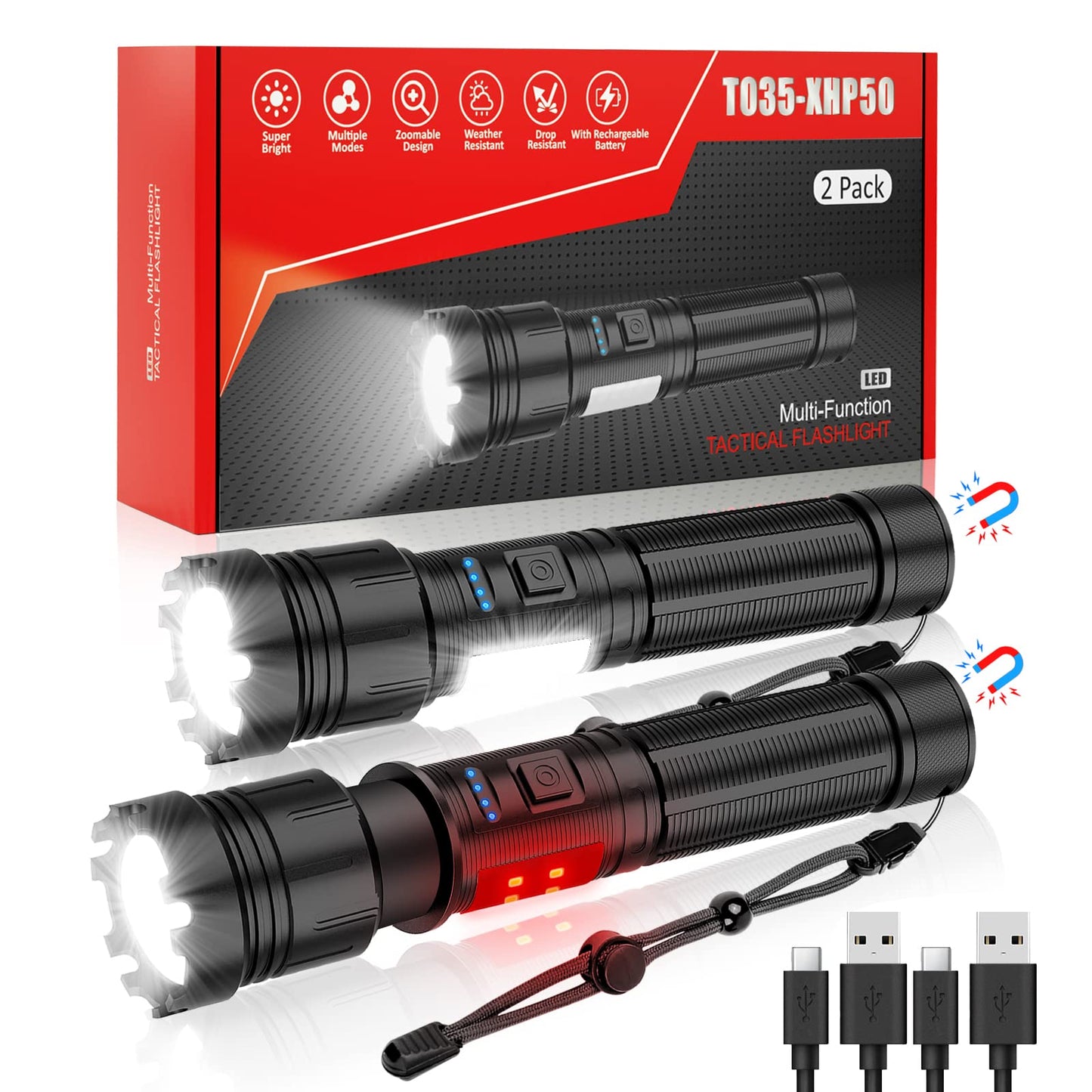 Banral Rechargeable Magnetic Flashlight, High Lumens, Zoomable, 7 Modes, IPX7 Waterproof, Aluminum, T035, 2 Pack
