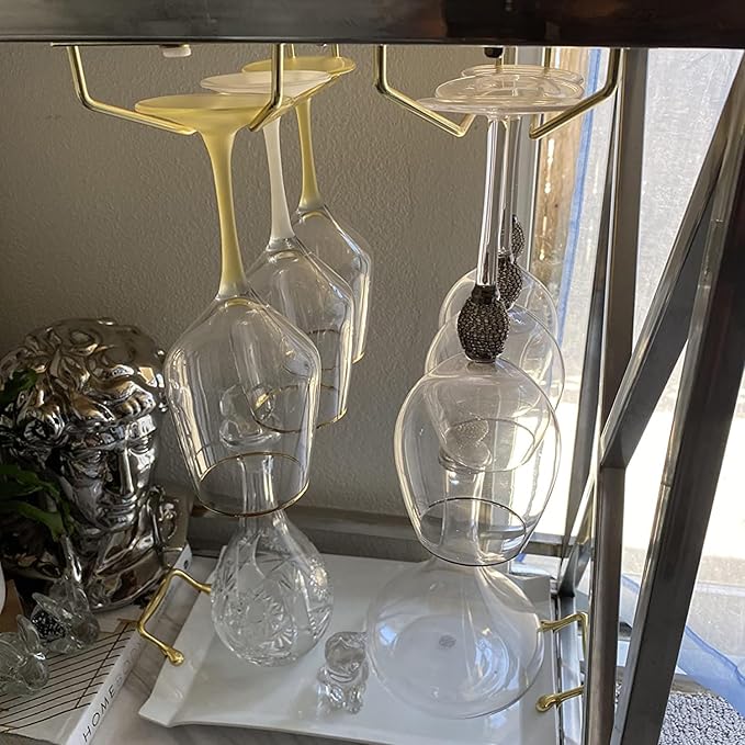 10.8 Inch Gold Wine Glass Rack, Under Cabinet Wine Glass Holder, Wine Glass Hangers Under Shelf, Stemware Rack, Hanging Stemware Holder for Cabinet Kitchen Bar, Set of 2
