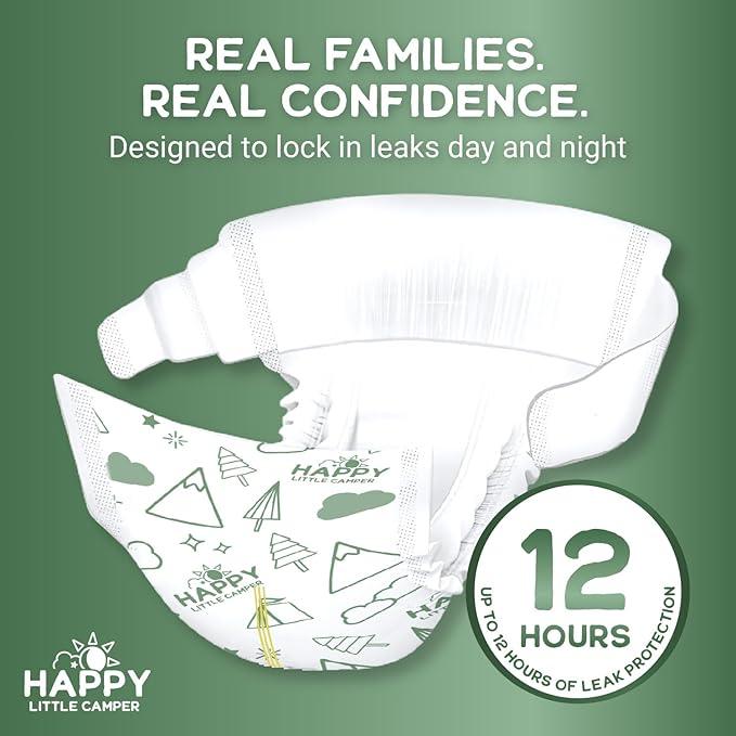 Happy Little Camper Super Saver Diapers, Size 1, 100 Count | Budget-Friendly Disposable Baby Diapers for Sensitive Skin | Hypoallergenic, Fragrance-Free, Ultra Absorbent
