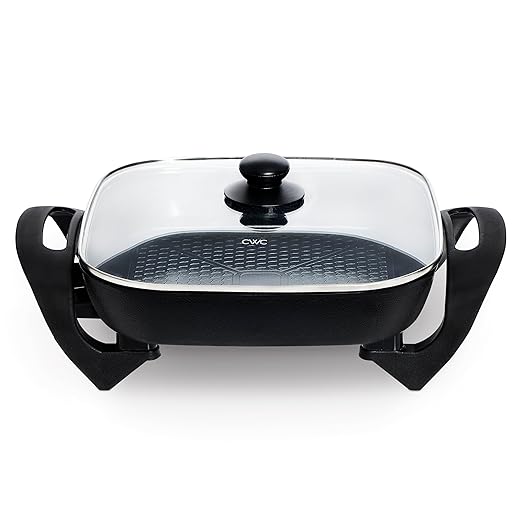 COOK WITH COLOR Electric Skillet - 12" x 12" Ceramic Nonstick Pan, PFAS-Free, 1400W, Tempered Glass Lid, Variable Temperature, Removable Heating Probe, Cool-Touch Handles, Black