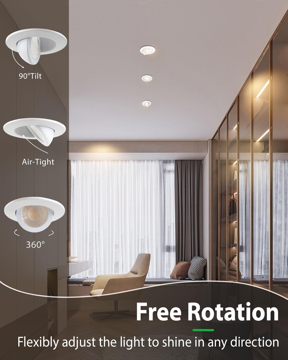 Zouzai 3 Inch 5Cct Gimbal Led Recessed Lighting With Junction Box  2700K/3000K/3500K/4000K/5000K Selectable  7W Eqv 80W  360+90 Adjustable Recessed Lights  800Lm Brightness - Etl (White  6 Pack)