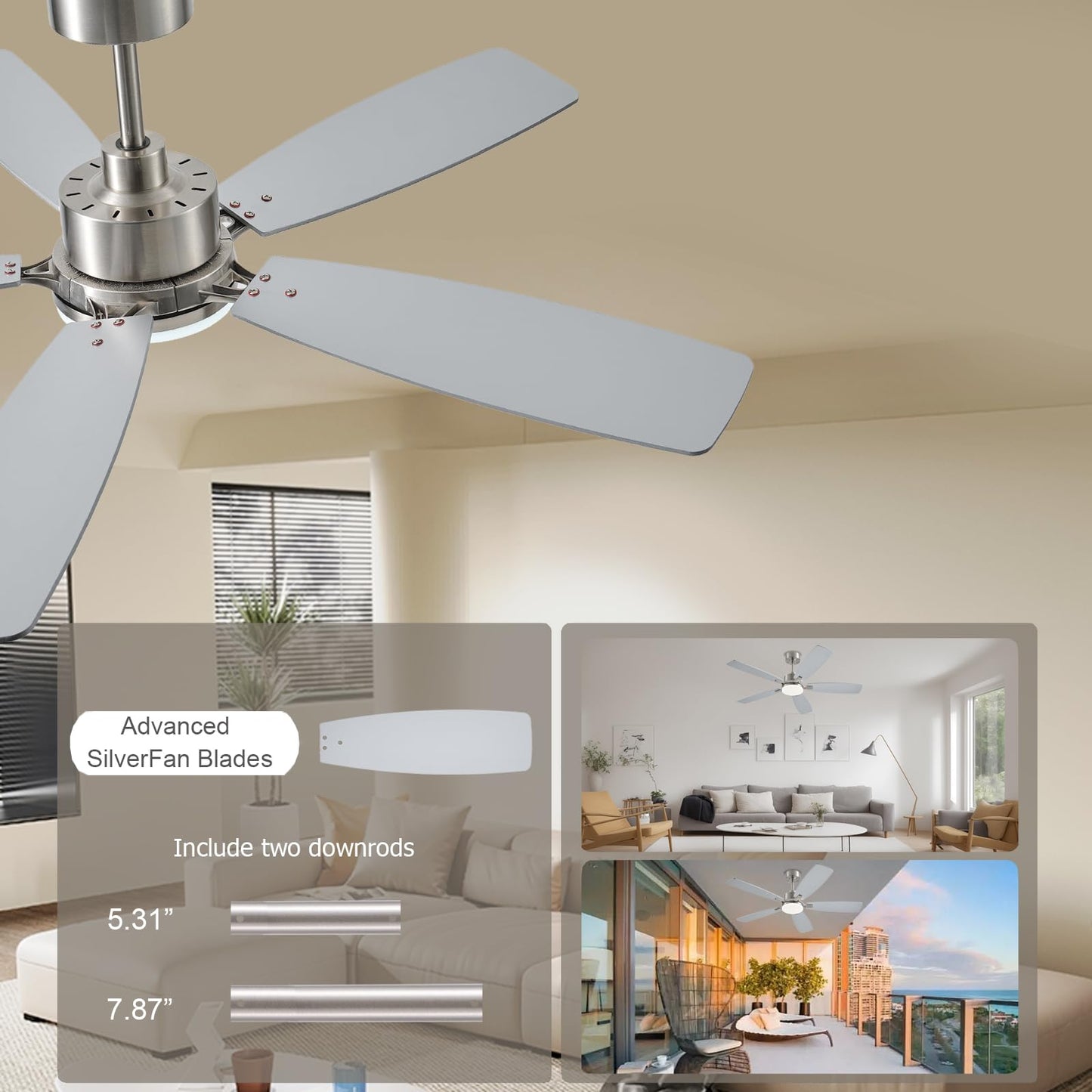 Nkpu Ceiling Fans With Lights, 52 Inch Low Profile Ceiling Fan With Light And Remote Control, 2 Downrods, Dc Reversible Motor, D