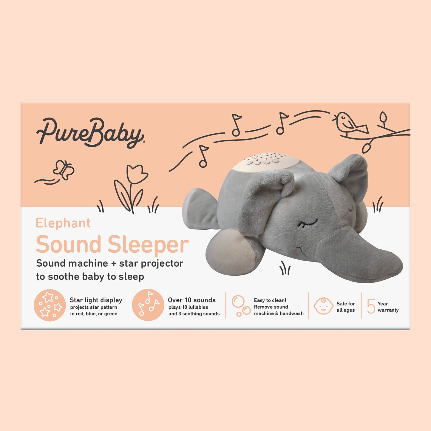 PureBaby Sound Sleepers Portable Sound Machine & Star Projector - Plush Sleep Aid for Baby and Toddlers with Soothing Night Light Display, 10 Lullabies, White Noise, and Heartbeat Sounds (Elephant)