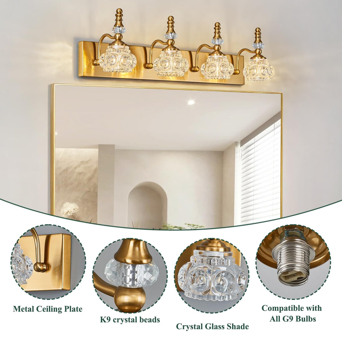 Lbsqj Modern Glass Crystal Vanity Light - Vintage Bathroom Lighting Fixtures Over Mirror  4 Light Vanity Lights G9 Bulb (27.55 Inch  Gold)