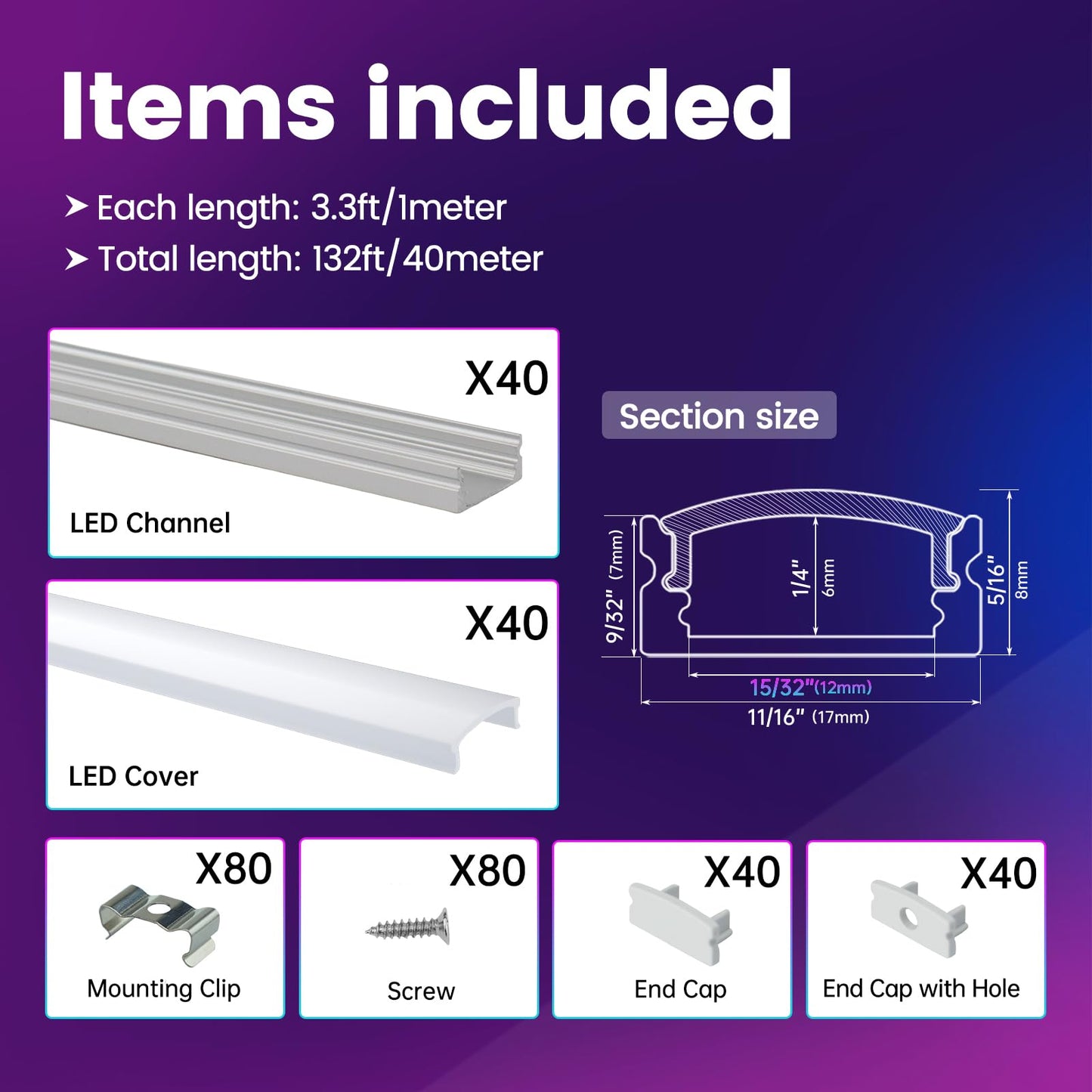 Muzata LED Channel System 40Pack 3.3FT Aluminum Extrusion Silver with Milky White Cover U1SW