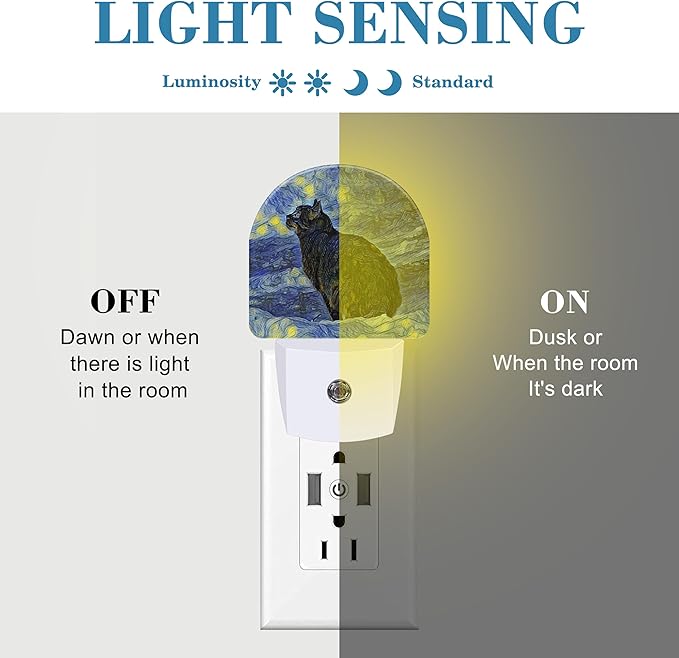 Starry Sky Black Cat Painting Night Light Plug into Wall with Dusk to Dawn Sensor Cute Nightlight for Kid Girls Boys Women Men Room Decor, Hallway, Kitchen, Bathroom, Nursery, Stairs