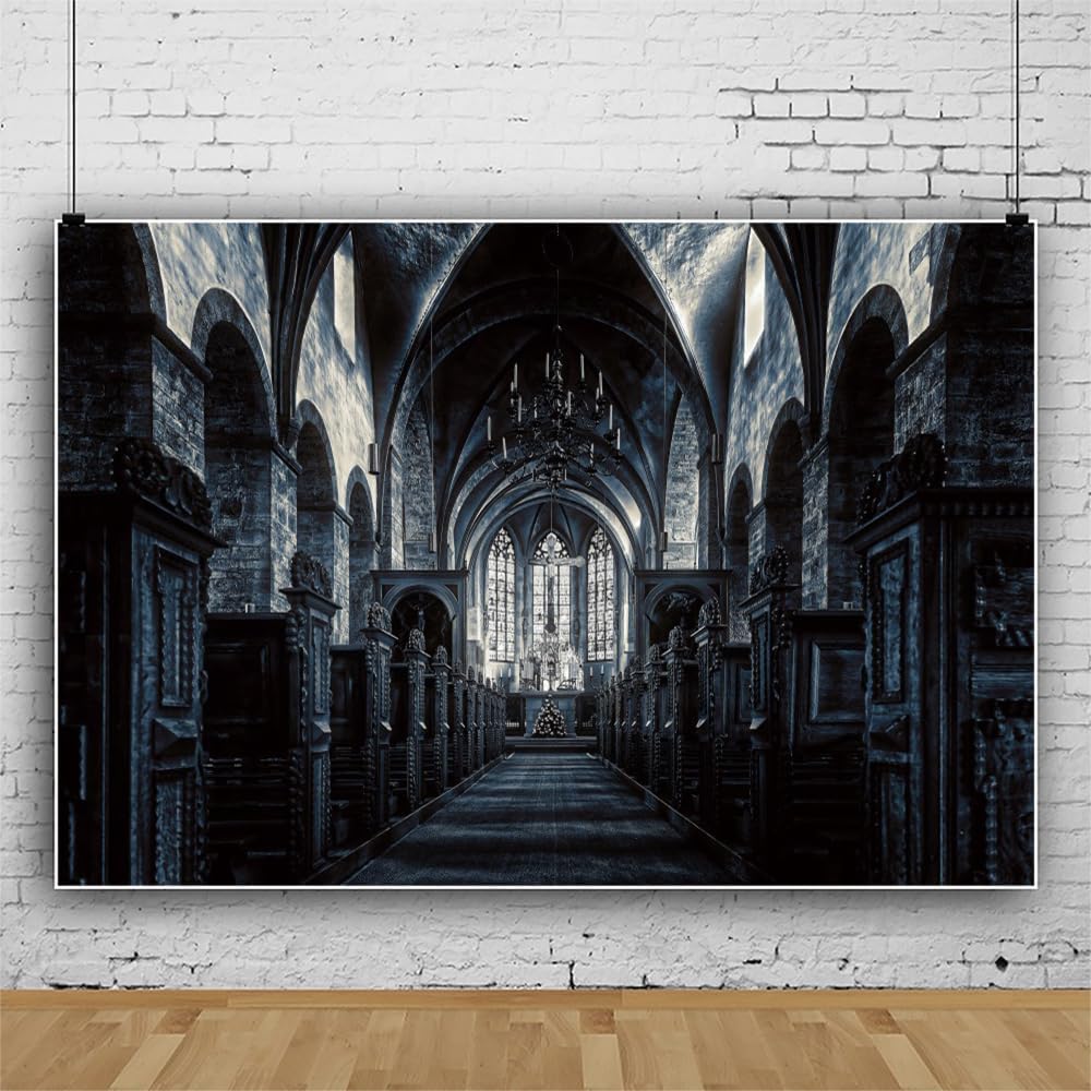 ChloropLastid 12x8ft Scary Church Halloween Backdrop Dark Black Horror Gothic Medieval Castle Interior Photography Background Halloween Night Carnival Theme Party Decor Banner Photo Studio Props