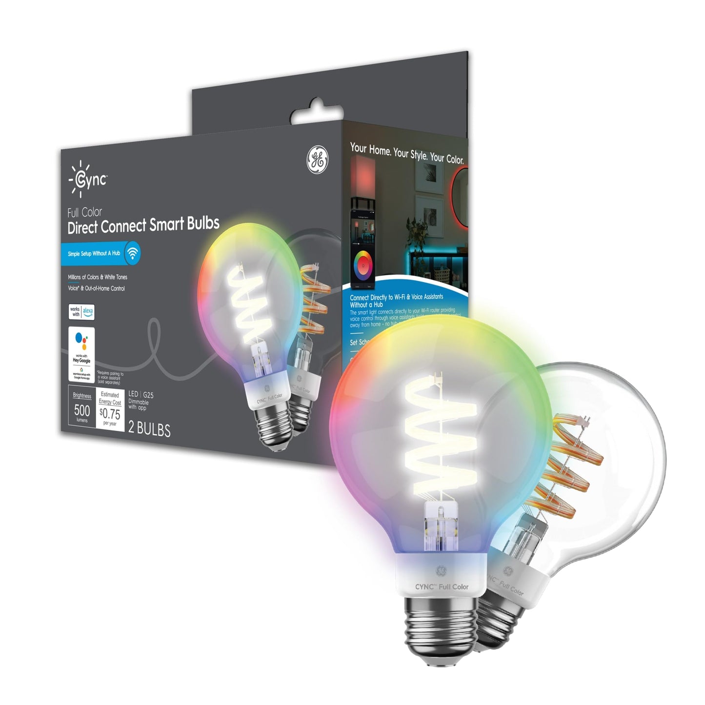 GE CYNC Smart LED Light Bulbs, Color Changing, Bluetooth/Wi-Fi, G25 Globe, 2 Pack, Full Color, Plastic