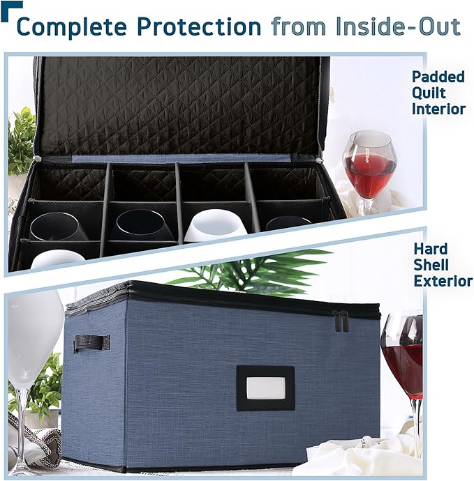Hearth & Harbor Wine Glass Storage Box with Dividers, Quilted and Stackable Stemware Storage Cases, Service of 12 Glass China Container Hard Shell for Moving and Organization, Blue