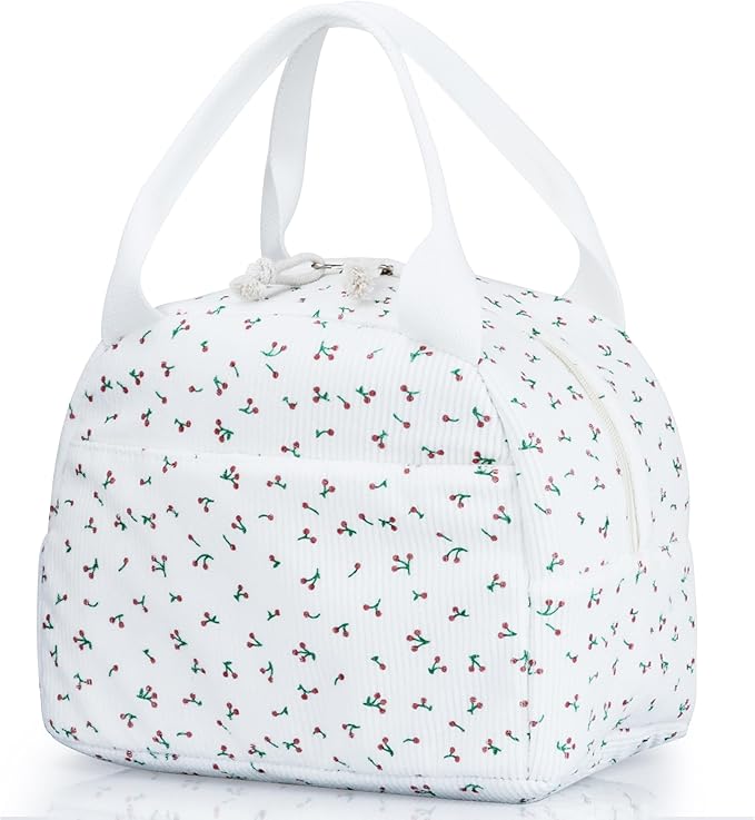 Lunch Bag - Insulated Lunch Box for Women, Reusable Large Capacity Cooler Bag for Adult, Small Leakproof Cute Corduroy Lunch Tote for Work Office Travel Picnic (Corduroy Cherry)