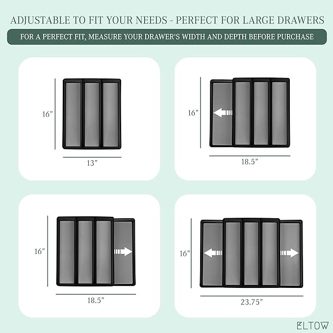 ELTOW Expandable Utensil Drawer Organizer, 5 Compartment Non-Slip & Adjustable Large Utensil Organizer for Kitchen Drawers, Kitchen Organization for Utensils, Flatware Storage Tray (Black)