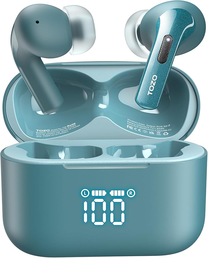 TOZO T20 Wireless Earbuds Bluetooth Headphones 48.5 Hrs Playtime with LED Digital Display, IPX8 Waterproof, Dual Mic Call ...