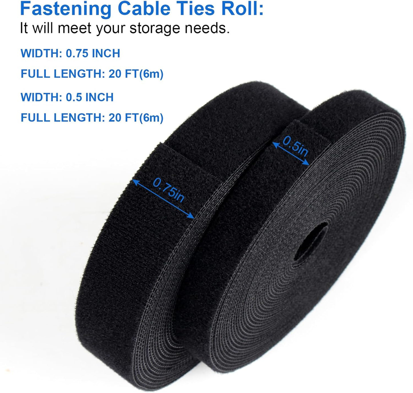 OneLeaf Fastening Cable Management Roll, Reusable Multi-Purpose Cords Management, Double Sided Hook and Loop Cable Ties Roll，Cut to Length Straps, Black Heavy Duty Wire Management