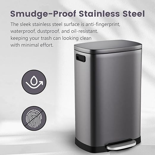 ELPHECO Kitchen Trash Can with Lid Soft Close, 13 Gallon / 50L Stainless Steel Pedal Garbage Can, Heavy-Duty Step Wastebasket with 20 Bags, Removable Bucket, Home Office, Titanium Silver