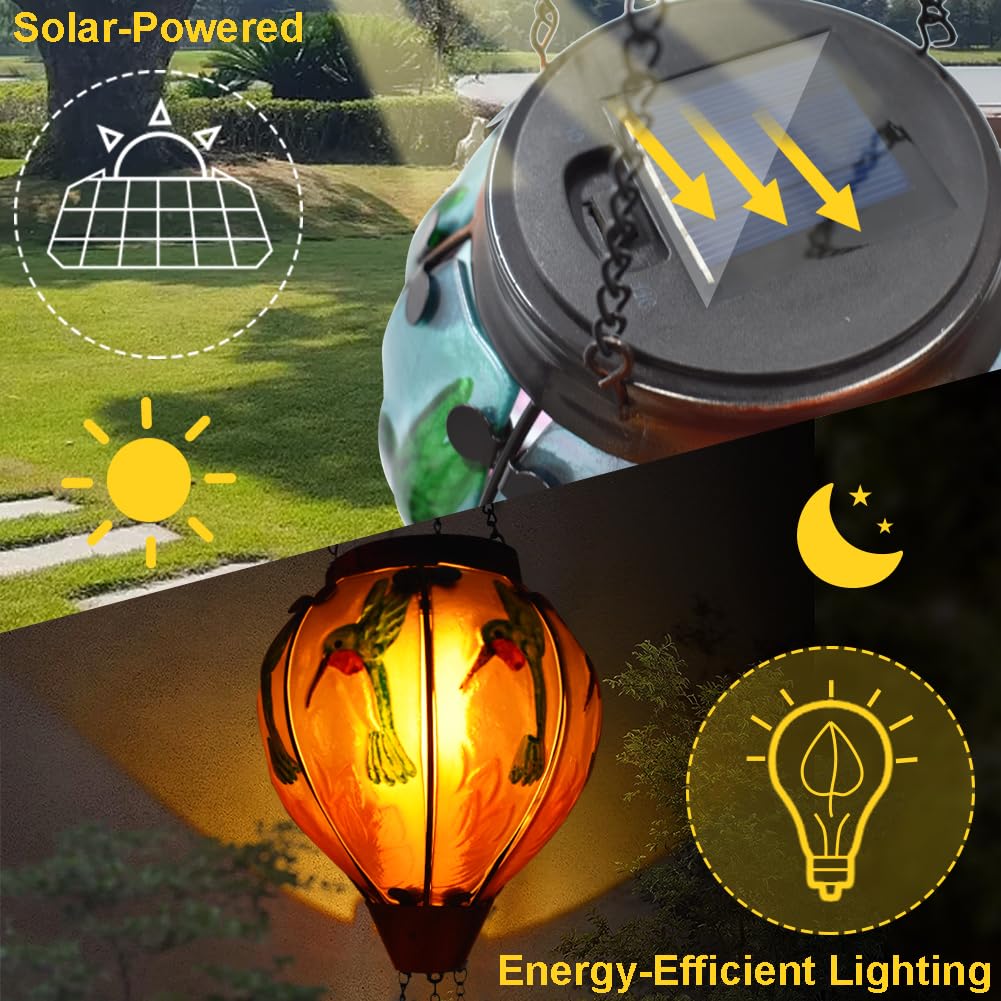 teyigarden Hot Air Balloon Solar Lantern, Flickering Flame, Glass, 18in H ? 5.5in W, Hummingbird, Model SL-6069082024