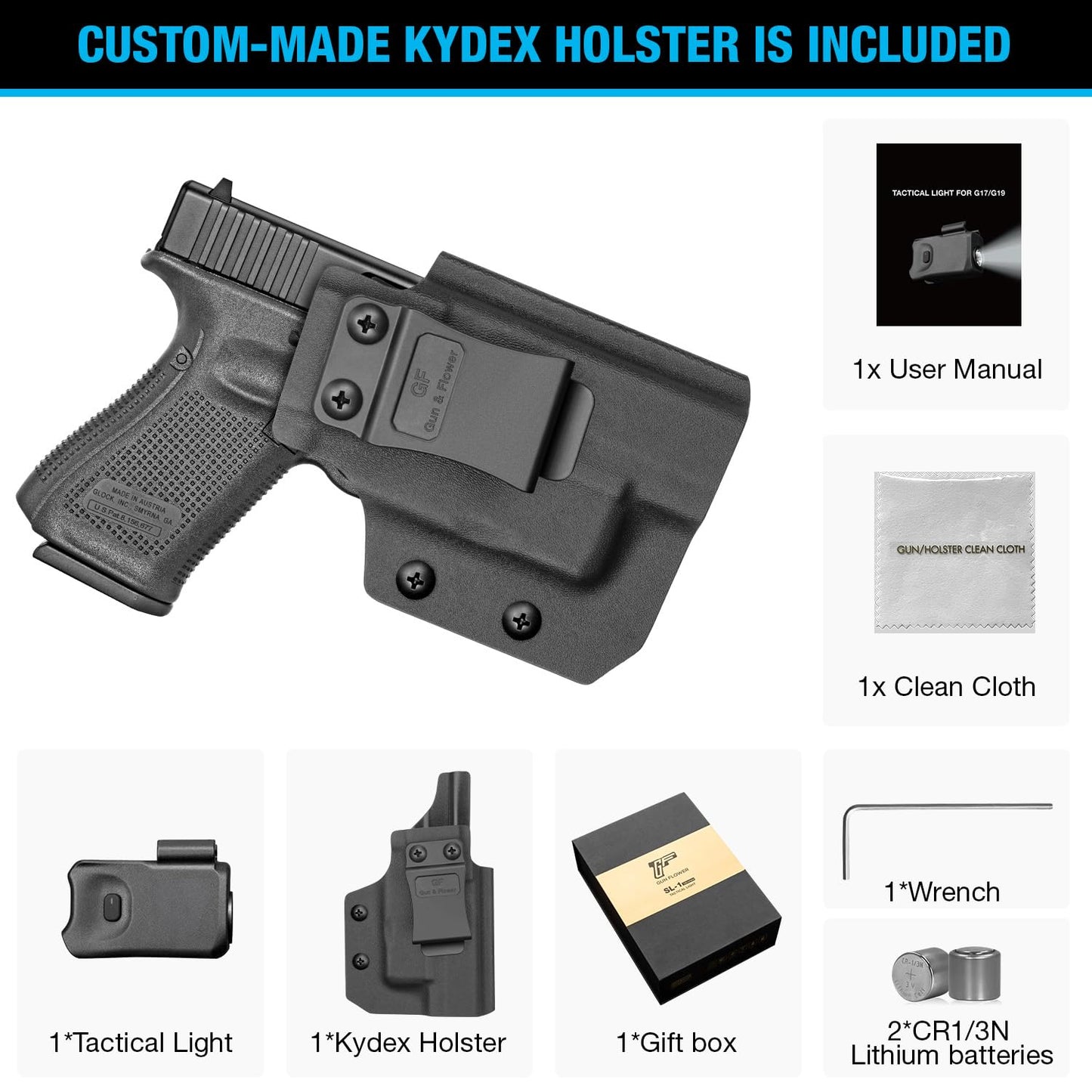 GUN & FLOWER IWB Kydex Holster with 150 Lumen LED Flashlight, Right Hand Draw, D-kydex Holster+Light, Compatible with Glock 17/19