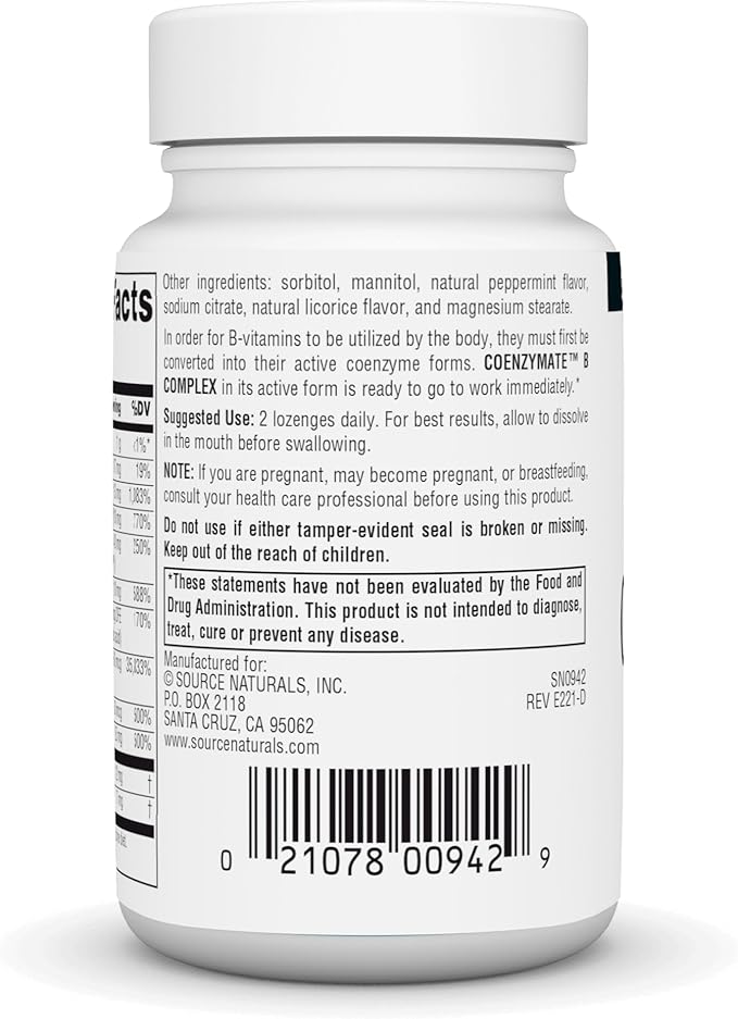 Source Naturals Coenzymate B Complex - Peppermint Flavor That Melts in Mouth - B Vitamins - 30 Lozenges