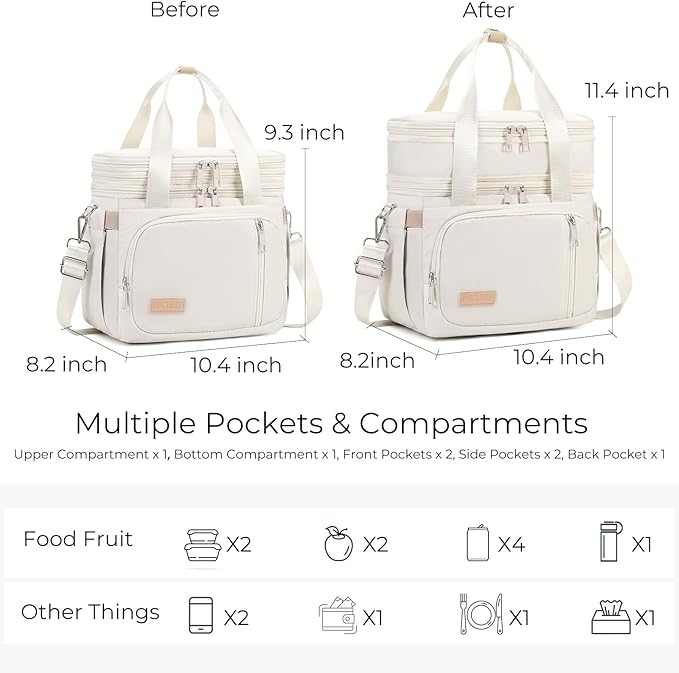 Lunch Box for Men Women - Double Deck Insulated Lunch Bag, Large Leak Proof Tote Cooler, Wide Open Dual Compartment Lunch Bags with Shoulder Strap, For Work Picnic Hiking Beach, Beige
