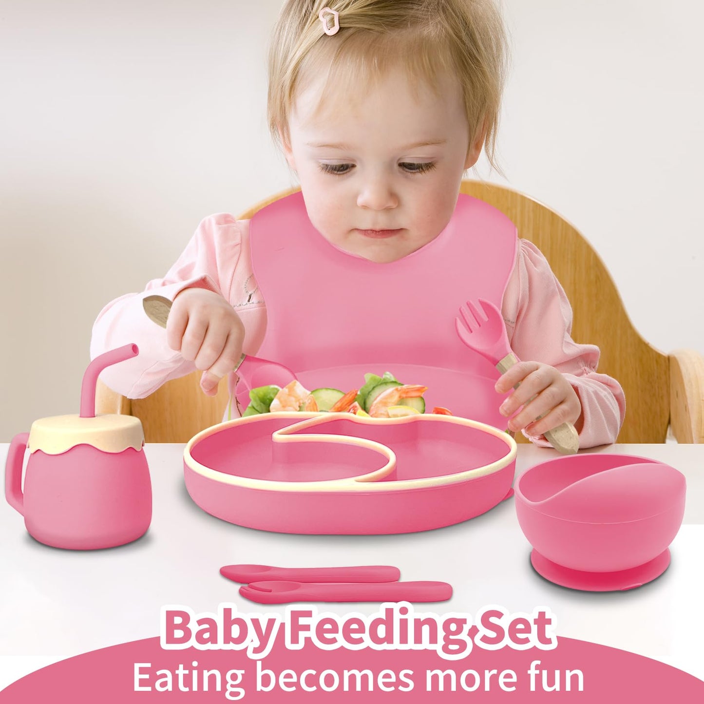 ARCASA Silicone Feeding Set, 9 Pcs Plates and Utensils, Includes Placemat, Suction Plate, Bowl, Adjustable Bib, Sippy Cup, Fork, Spoon for Babies 6+ Months (Pink)