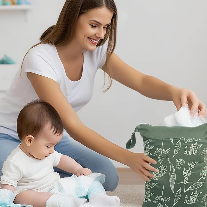 2pcs Wet Bags Waterproof Reusable Wet Dry Bag with Two Zippered Pockets Travel Beach Pool Daycare Yoga Gym Bag for Baby Cloth Diaper,Swimsuits,Wet Clothes (Leaves & Grids)