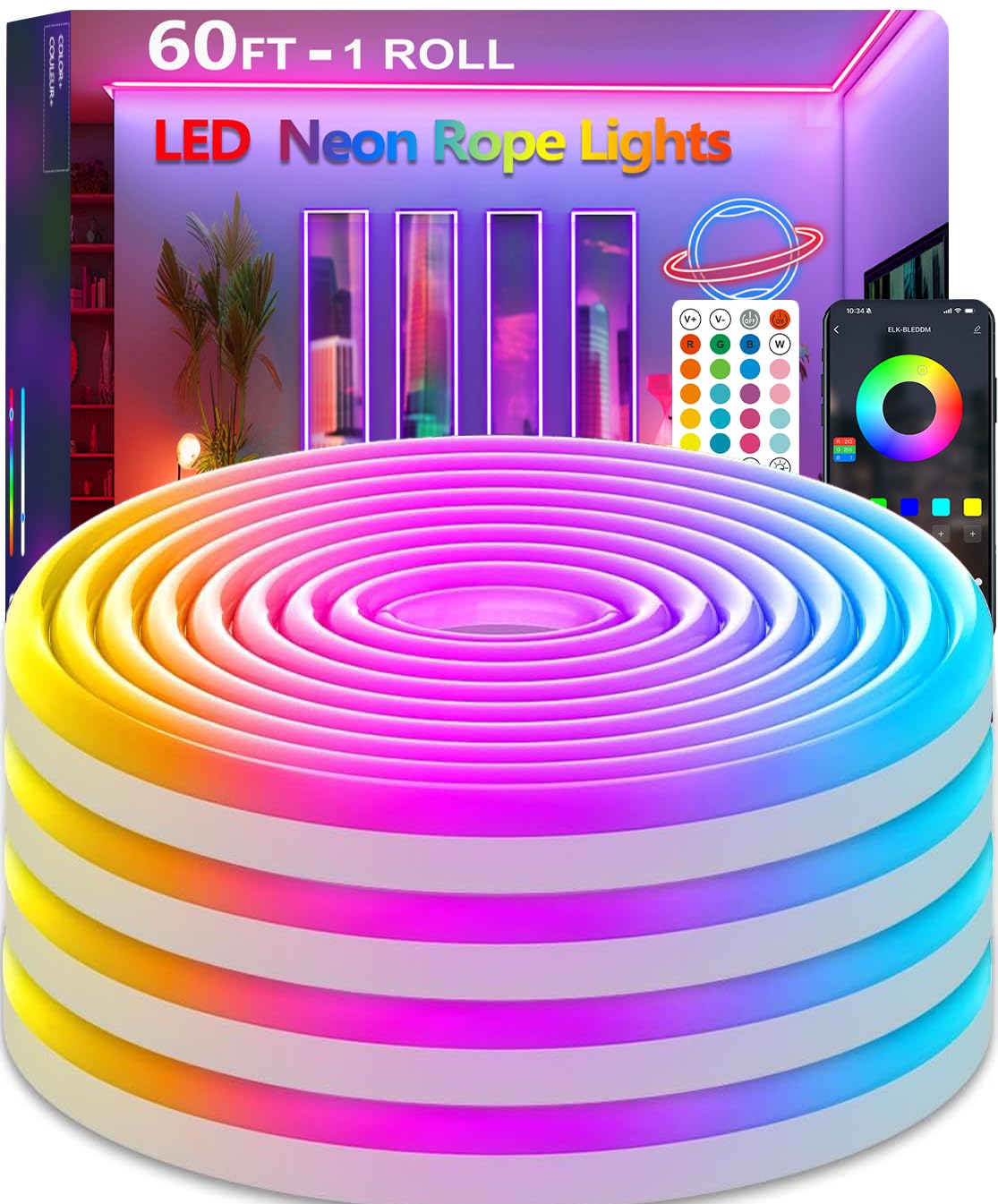 httpsmp 60FT Neon Rope Lights,Flexible Led Light Control with App/Remote,Multiple Modes,IP67 Outdoor Waterproof,Music Sync Strip for Bedroom
