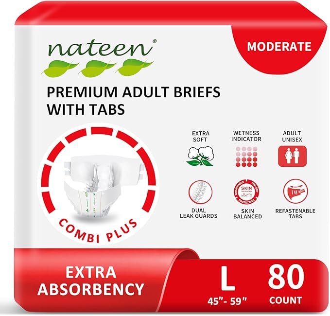 Nateen Combi Plus Adult Diapers with Tabs for Women and Men, Extra Absorbency Disposable Incontinence Briefs, Leakproof and Skin-Friendly Incontinence Underwear.Large, 80Count
