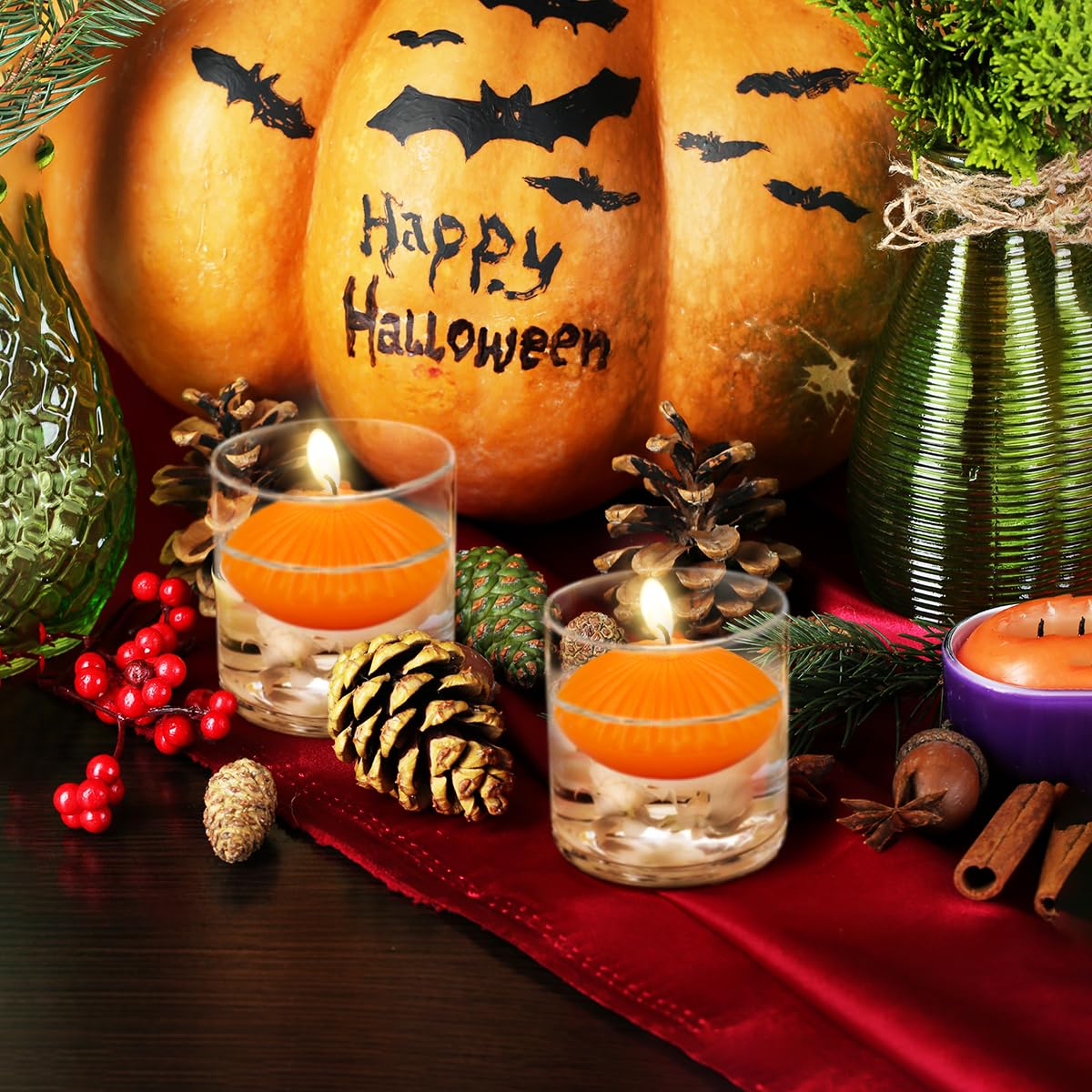 UNICY 12 Pack 3 Inch Orange Floating Candles, Unscented Tealight for Centerpieces, Wavy Design, Ideal for Fall Halloween Decor